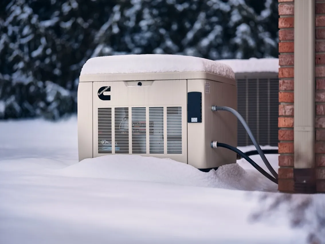 Cummins standby generator outside during winter weather for home backup power in Upstate SC