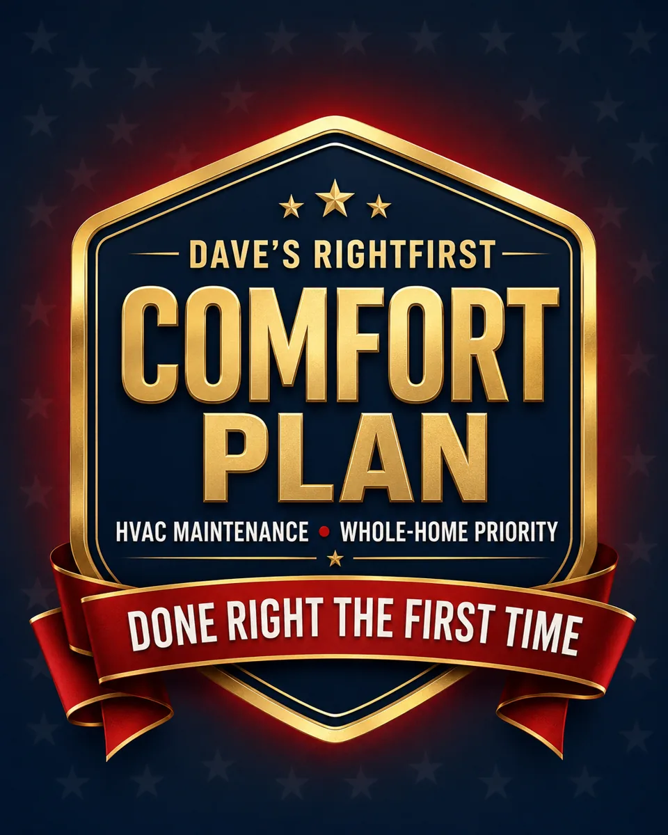 Dave's RightFirst Comfort Plan seal for HVAC maintenance and whole-home priority across Upstate South Carolina